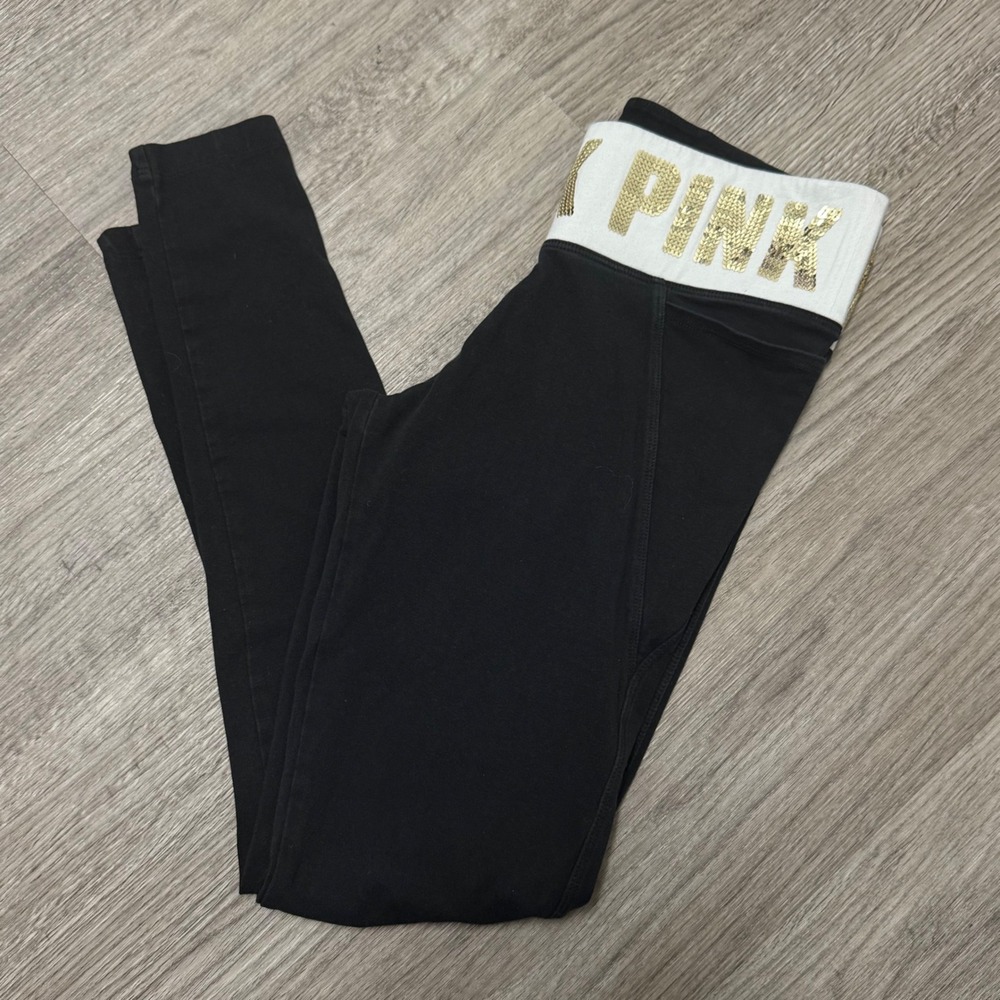 Pink‎ Victoria's Secret Yoga Leggings Black Gold Sequin Logo Waist Small - Picture 8 of 8